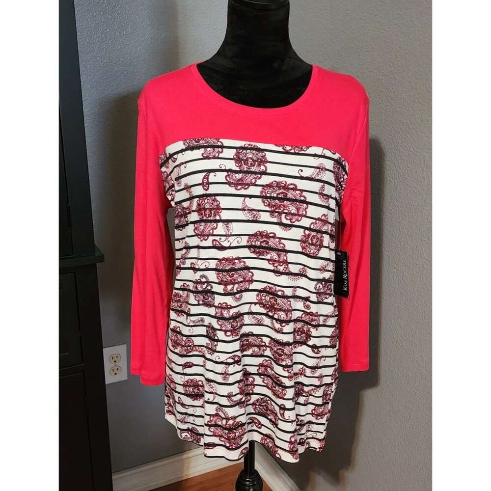 Kim Rogers XL Pink Floral Stripe Top Long Sleeve 100%‎ Cotton Casual Comfy NWT